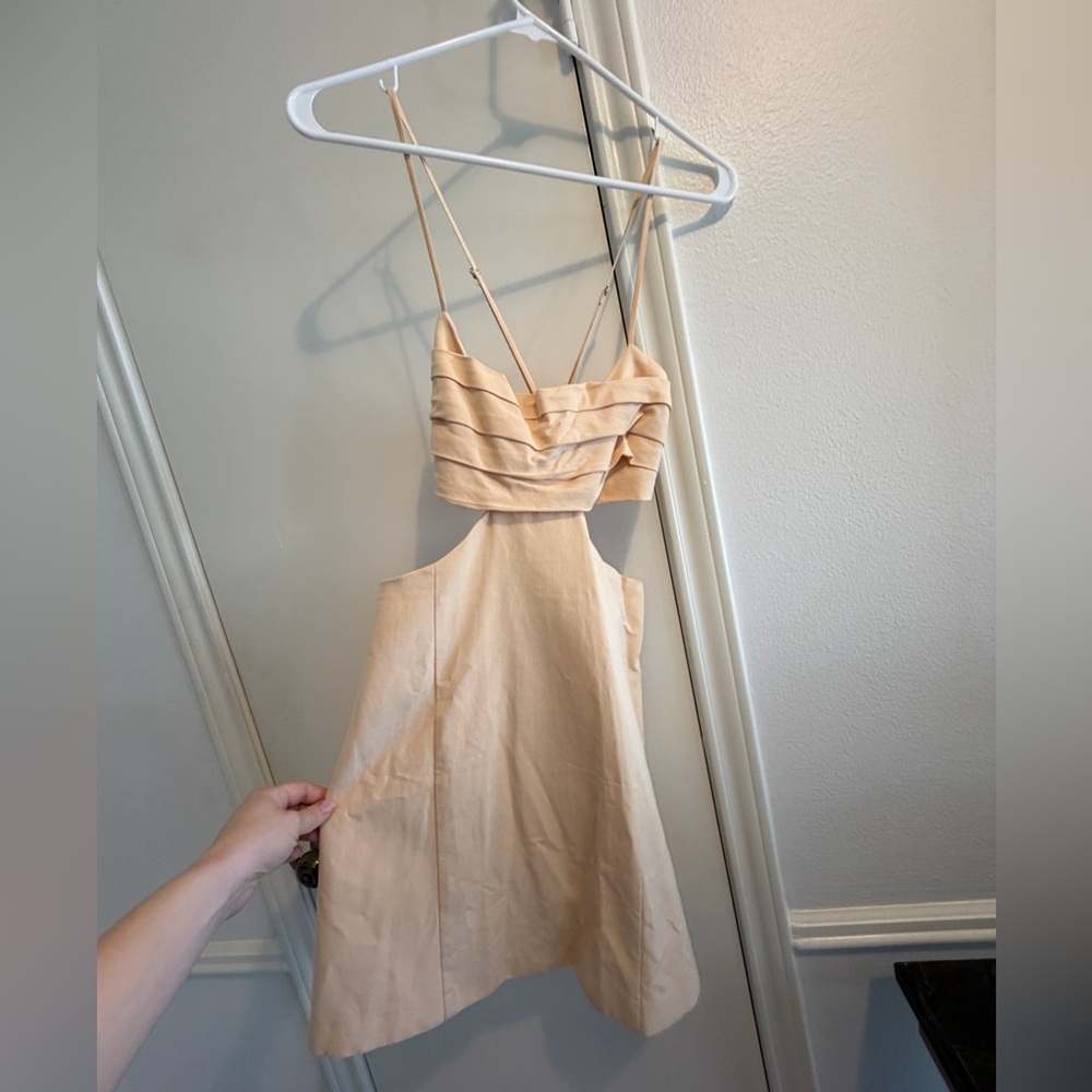 Zara Linen Cut Out Sand Brown Mini Dress S - Picture 2 of 5